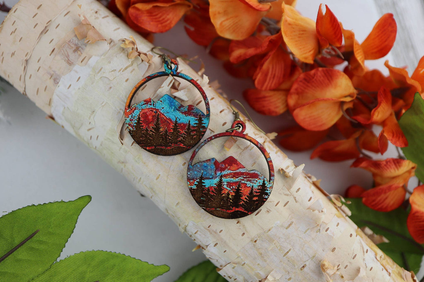 Copper Mountains Forest Engraved Wood Earrings