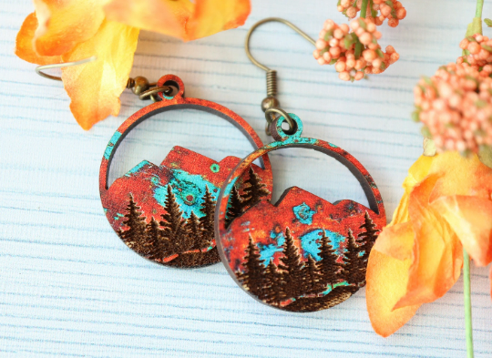 Copper Mountains Forest Engraved Wood Earrings