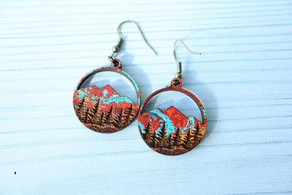 Copper Mountains Forest Engraved Wood Earrings