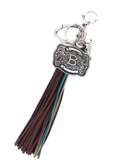 Western Belt Buckle Initial Multi Color Tassel Keychain