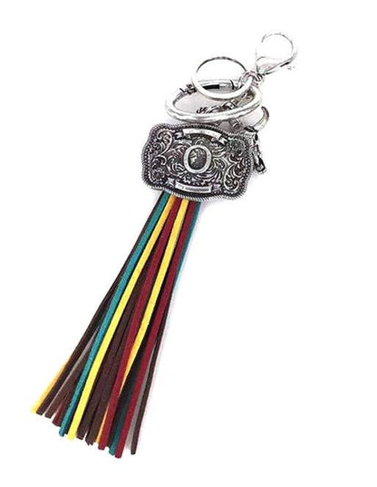 Western Belt Buckle Initial Multi Color Tassel Keychain