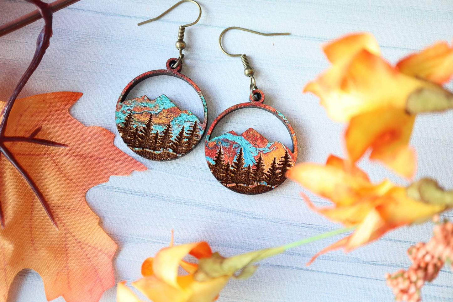 Copper Mountains Forest Engraved Wood Earrings