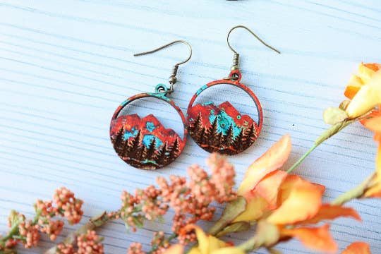 Copper Mountains Forest Engraved Wood Earrings