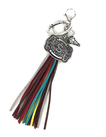 Western Belt Buckle Initial Multi Color Tassel Keychain