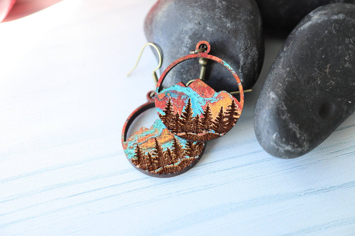 Copper Mountains Forest Engraved Wood Earrings