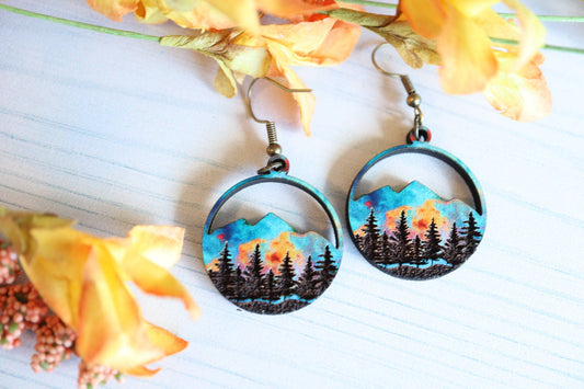 Ember Sunset Mountain Wood Dangle Earrings