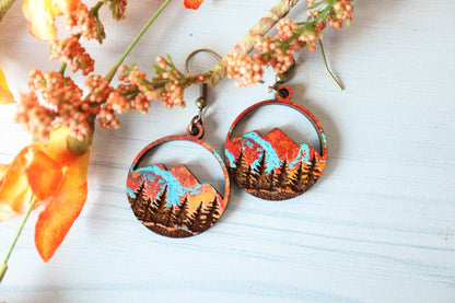 Copper Mountains Forest Engraved Wood Earrings